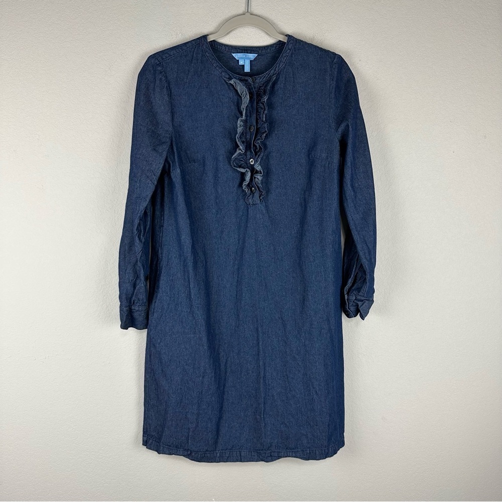 Draper James Dark Wash Chambray Ruffle Casual 3/4 Sleeves Shift Dress Size 4